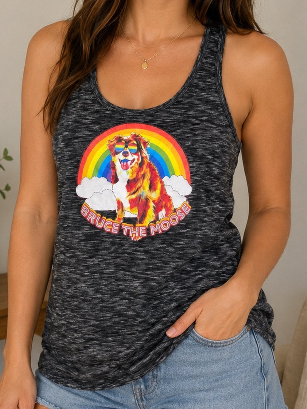 Warehouse One Bruce The Moose Rainbow Graphic Racerback Tank Top S/P